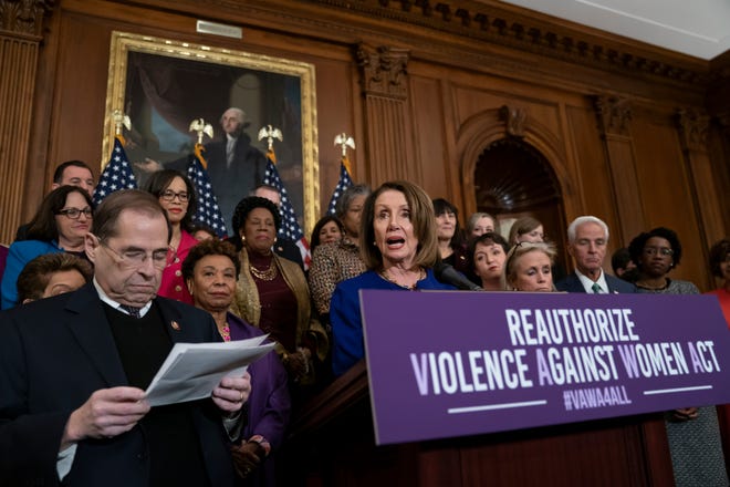 Speaker of the House Nancy Pelosi, D-Calif., joined at left by House Judiciary Committee Chairman Jerrold Nadler, D-N.Y., speaks about plans to reauthorize the Violence Against Women Act which provides funding and grants for a variety of programs that tackle domestic abuse, at the Capitol in Washington, Thursday, March 7, 2019. (AP Photo/J. Scott Applewhite) ORG XMIT: DCSA120