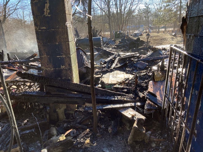 A fire ripped through a home at 7 Old Cutts Road in Kittery Monday night, leaving the home destroyed, as seen Tuesday, March 16, 2021.