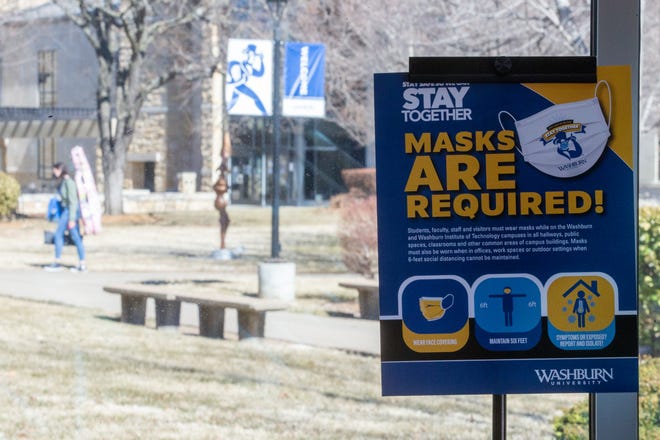 Signs inform students and faculty of masks required at Washburn University.