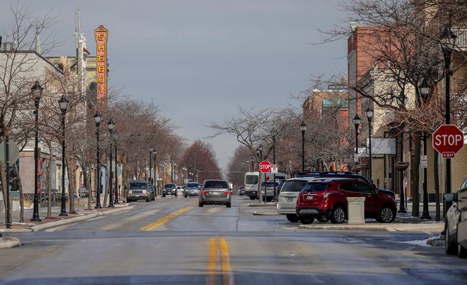 Downtown Sheboygan looking north on 8th St., as seen, Tuesday, March 16, 2021, in Sheboygan, Wis.