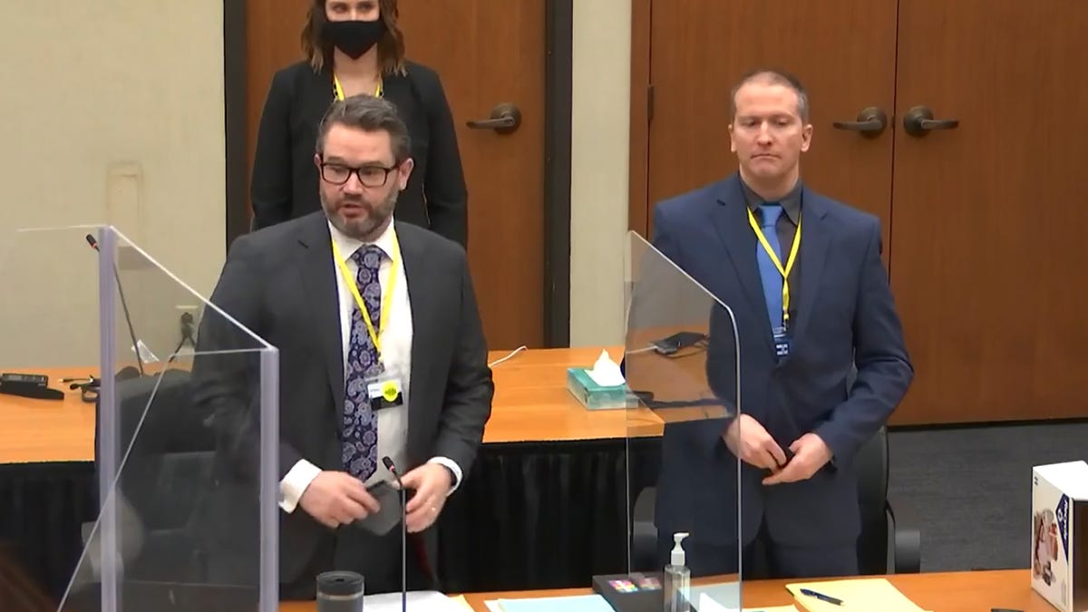 In this image taken from video, defense attorney Eric Nelson, left, and defendant former Minneapolis police officer Derek Chauvin, right, and Nelson's assistant Amy Voss, back, introduce themselves to potential jurors as Hennepin County Judge PeterÂ Cahill presides, prior to continuing jury selection, Monday, March 15, 2021, in the trial of Chauvin, at the Hennepin County Courthouse in Minneapolis, Minn. Chauvin is charged in the May 25, 2020, death of George   Floyd.