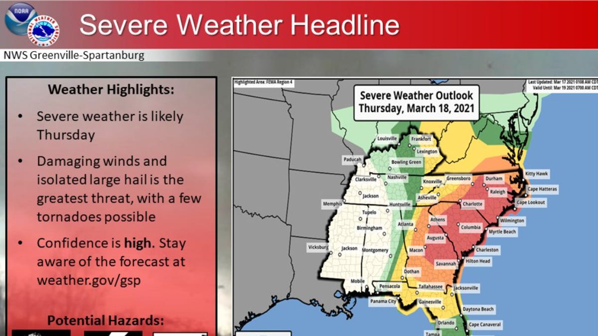 Probable dangerous weather for Greenville, Anderson SC Thursday