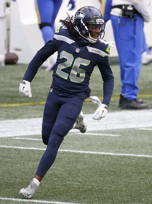 Shaquill Griffin #26 of the Seattle Seahawks during the second quarter against the Los Angeles Rams in an NFC Wild Card game at Lumen Field on January 09, 2021, in Seattle, Washington. (Steph Chambers/Getty Images/TNS)