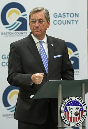 Former chairman of the Board of Commissioners Tom Keigher speaks during a COVID Remembrance Ceremony held March 18, 2021, in the Harley B. Gaston Public Forum at the Gaston County Courthouse.