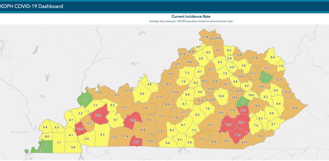 This color-coded map from the Kentucky Department for Public Health shows the current COVID-19 incidence rate in Kentucky counties as of Wednesday afternoon.