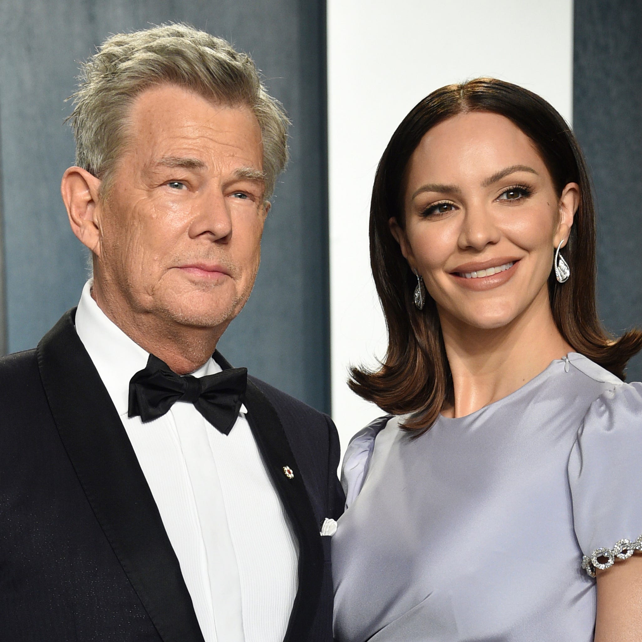 FILE - David Foster, left, and Katharine McPhee arrive at the Vanity Fair Oscar Party on Feb. 9, 2020, in Beverly Hills, Calif. The couple, who wed in 2019, have welcomed a baby boy, McPhee's publicist confirmed Wednesday, Feb. 24, 2021. (Photo by Evan Agostini/Invision/AP, File) ORG XMIT: CAPM304