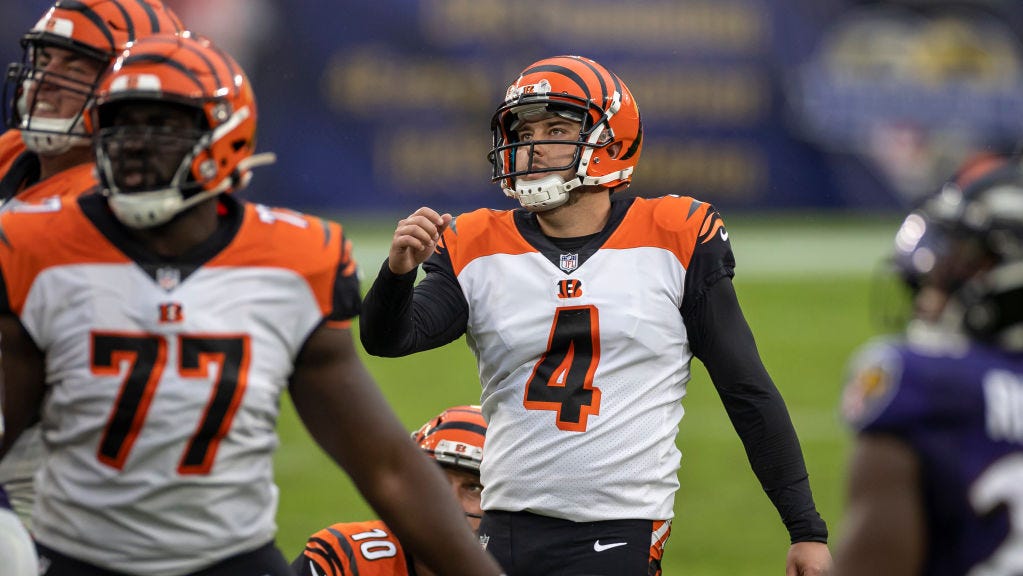 Randy Bullock (4) of the Cincinnati Bengals watches the ball after kicking a field goal against the Baltimore Ravens during the second half at M&T Bank Stadium on October 11, 2020