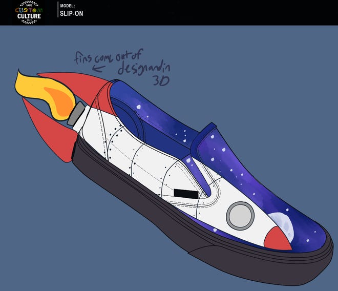 A design for a Vans skateboarding shoe that resembles a rocket racing through space has earned Henderson County High School visual communications classes the opportunity to compete for a $50,000 grand prize for its art program. The classes are tying that into a riverfront cleanup project this Friday and Saturday. (Image provided)