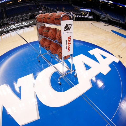General view of basketballs on the NCAA logo prior