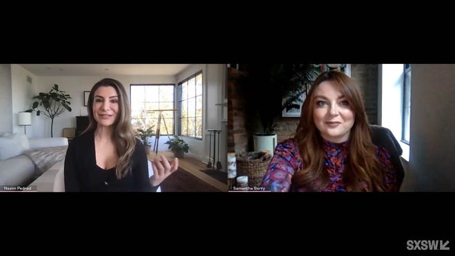 Samantha Barry, right, speaks with Nasim Pedrad in the session “Homeroom with Nasim Pedrad” at SXSW Online on March 18, 2021.