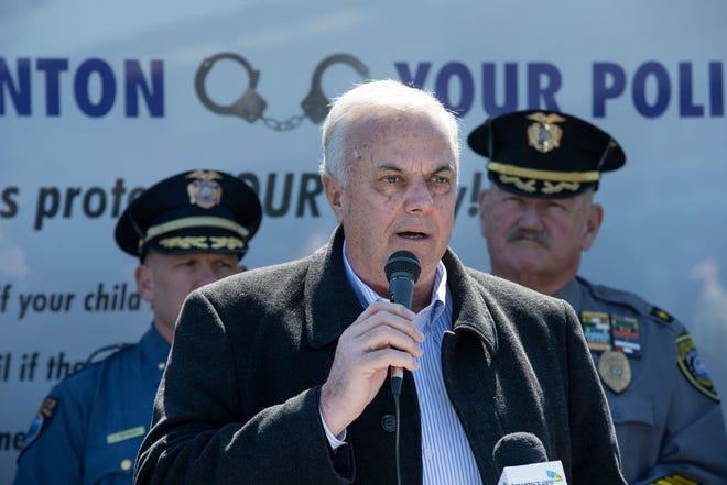 Ocean County Board of Commissioners Director Gary Quinn talks. Local Politicians and Police Organizations held a press conference on the boardwalk in Point Pleasant Beach to express their displeasure with the impact of the new state marijuana laws on their ability in enforce the law. 