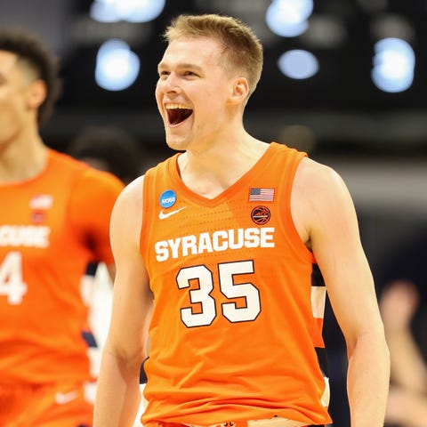 Buddy Boeheim #35 of the Syracuse Orange reacts du