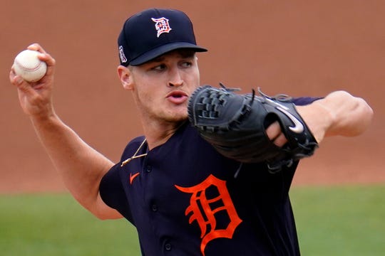 Tigers pitcher Matt Manning delivers during the first inning of the Tigers' 5-3 Grapefruit League win in Clearwater, Florida, Sunday, March 21, 2021.