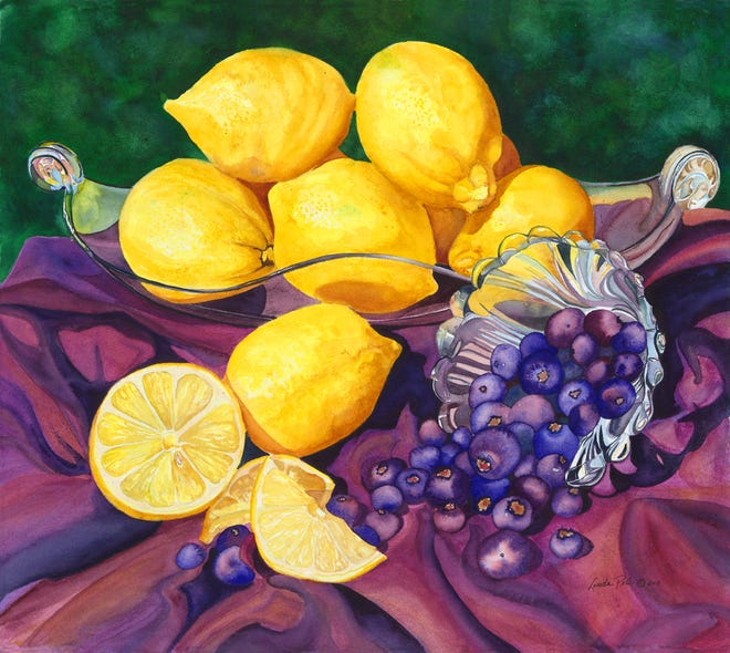 Platinum Award: Chris Krupinski (Maineville, OH), Lemons with a Bowl of Blueberries, 2020, watercolor, 30 x 22 inches.