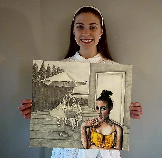 Hartland High School sophomore Breanna Zaborowski poses with her drawing, "Alter Ego." The drawing earned an honorable mention in Southeast Michigan's Scholastic Art Awards.