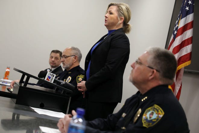 Kristi Johnson, Special Agent-in-Charge of the Omaha Field Office of the Federal Bureau of Investigations, speaks during a press conference announcing that eight defendants are facing federal criminal charges as part of a multi-year joint federal and state investigation of a large drug trafficking organization that operated out of Burlington, Wednesday Nov. 20, 2019 at the Burlington Police Department.  
