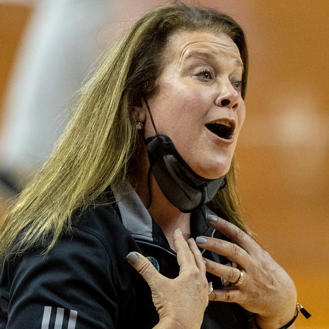 Troy head coach Chanda Rigby calls out to the refe