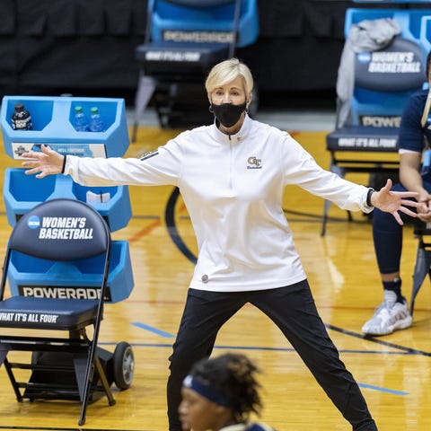 Georgia Tech coach Nell Fortner calls out to the t