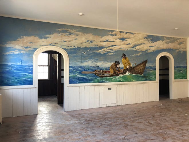 A mural painted in 1935 by Vernon Coleman (1946-1978) adorns a room upstairs in the Centerville Recreation Building.