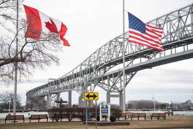 International Flag Plaza near the Blue Water Bridge in Port Huron, Thursday, March 18, 2021.