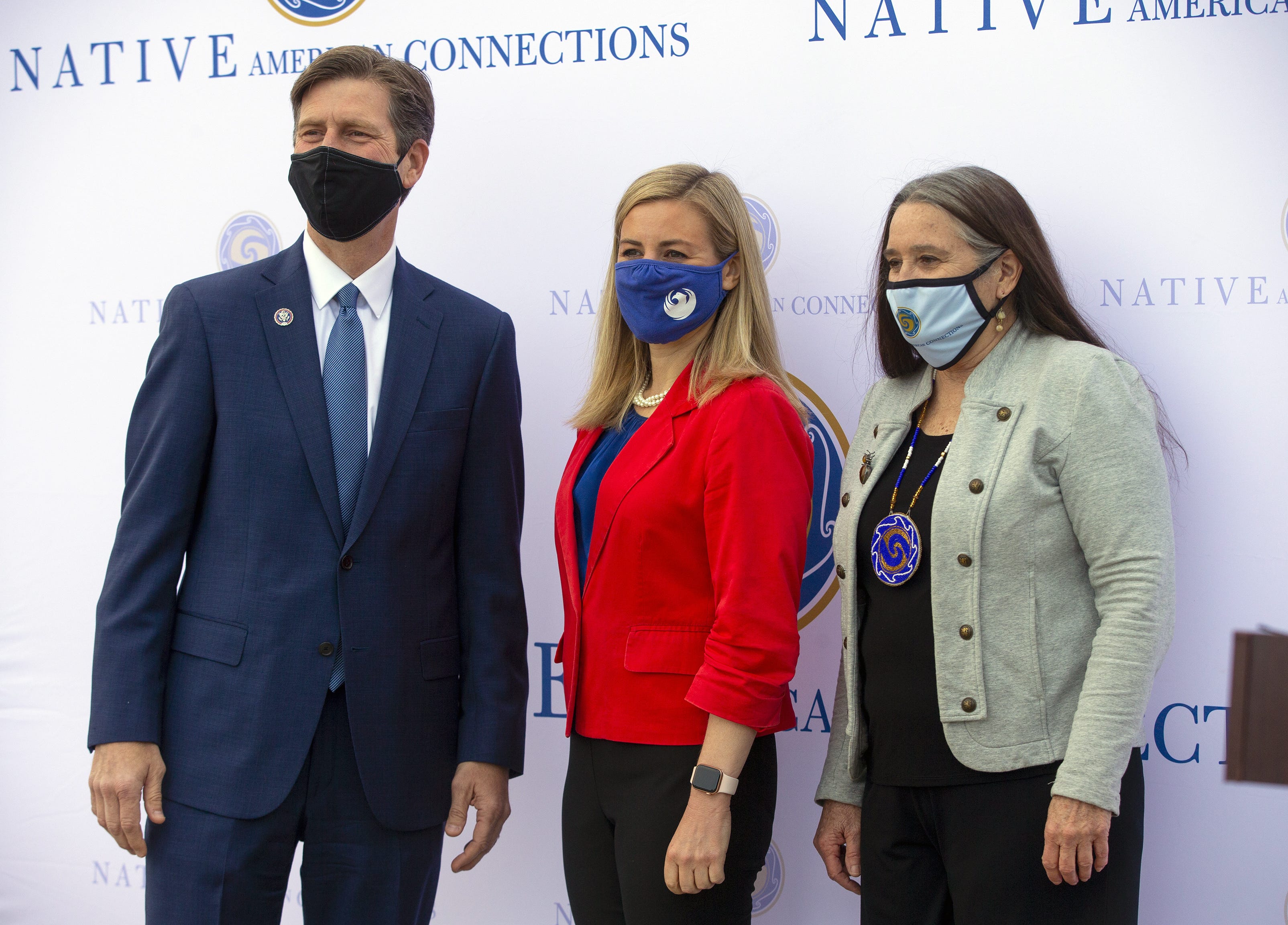 Rep. Greg Stanton, D-Ariz., Phoenix Mayor Kate Gallego, and Diana Yazzie Devine, NAC President and CEO, attend the grand opening of the  Patina Mountain Preserve Wellness Center and Dunlap Pointe Housing Community in Phoenix on March 24, 2021.
