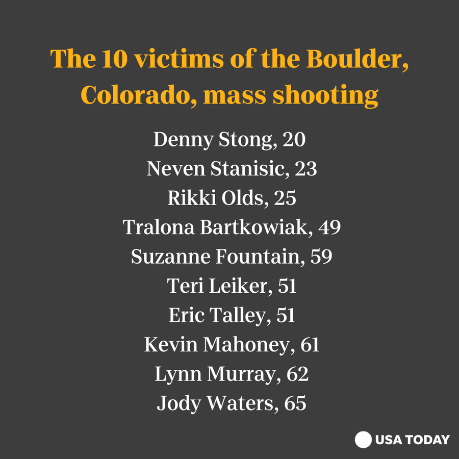 Ten people were slain in the shooting at a supermarket in Boulder, Colo.