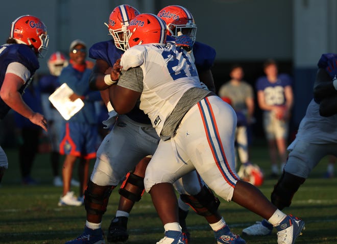 Florida freshman defensive lineman Desmond Watson during a drill at the Sanders football practice fields on campus.