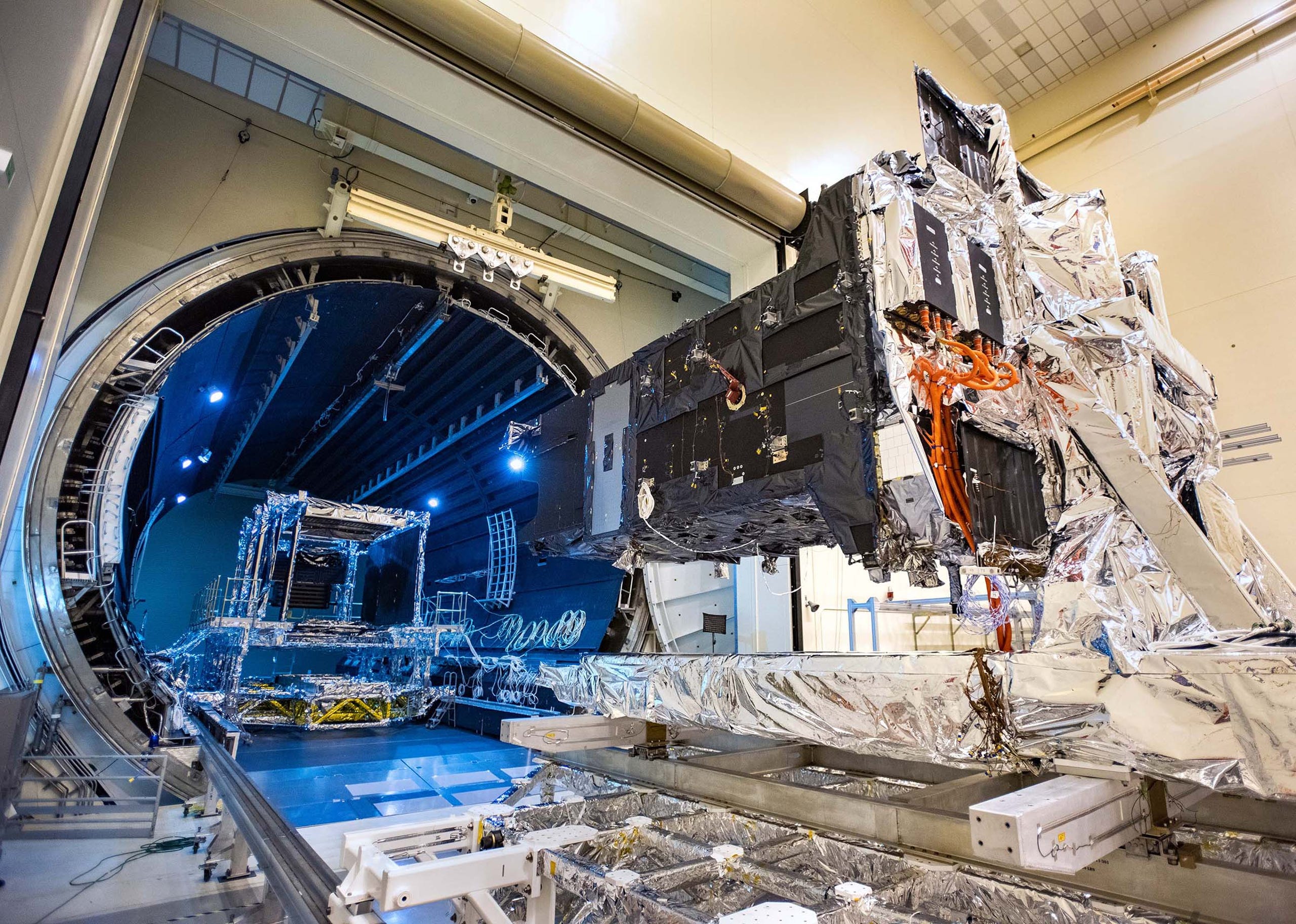 The SBIRS GEO-5 satellite is seen as it moves into a thermal vacuum test chamber at Lockheed Martin's production facility in Sunnyvale, California.