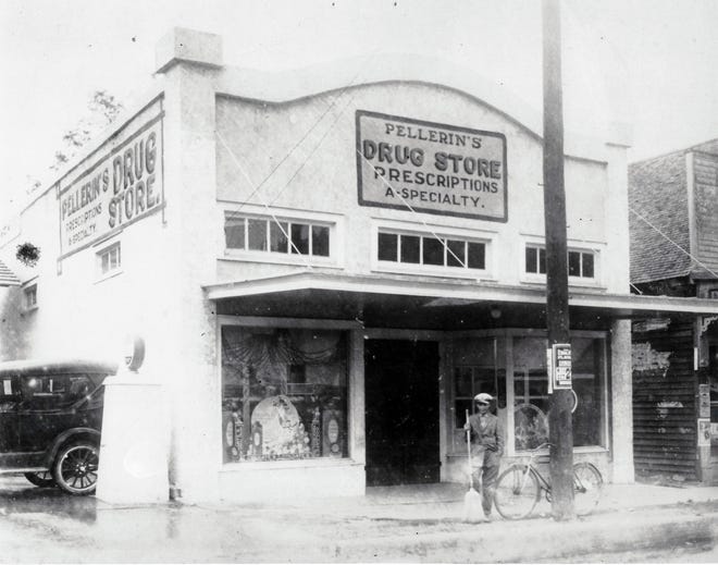 Pellerin Drug Store on West Landry Street in Opelousas 
is pictured where it stood in the 1920s. This building, that also served as the first office for the Daily World newspaper when it opened in 1939, remains in downtown Opelousas today, next door to Dairy Queen.