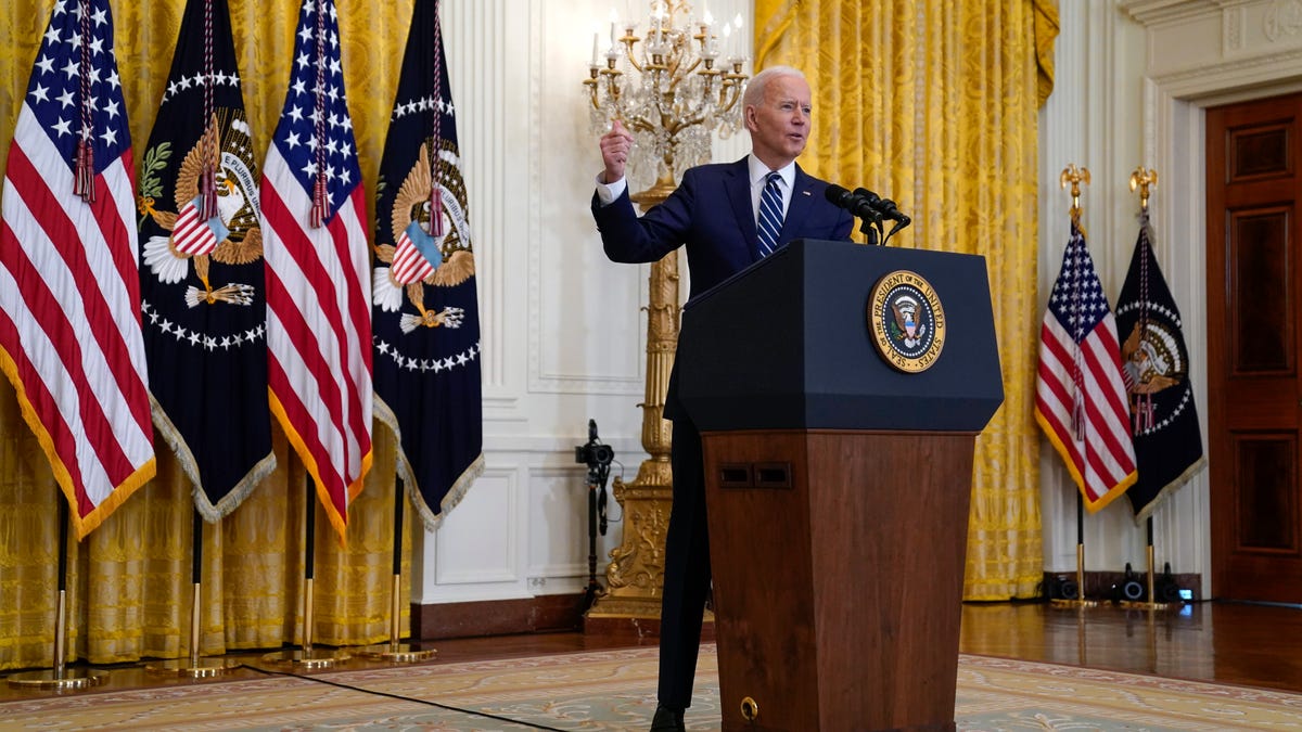 President Joe Biden speaks during a news conference in the East Room of the White House, Thursday, March 25, 2021, in Washington.