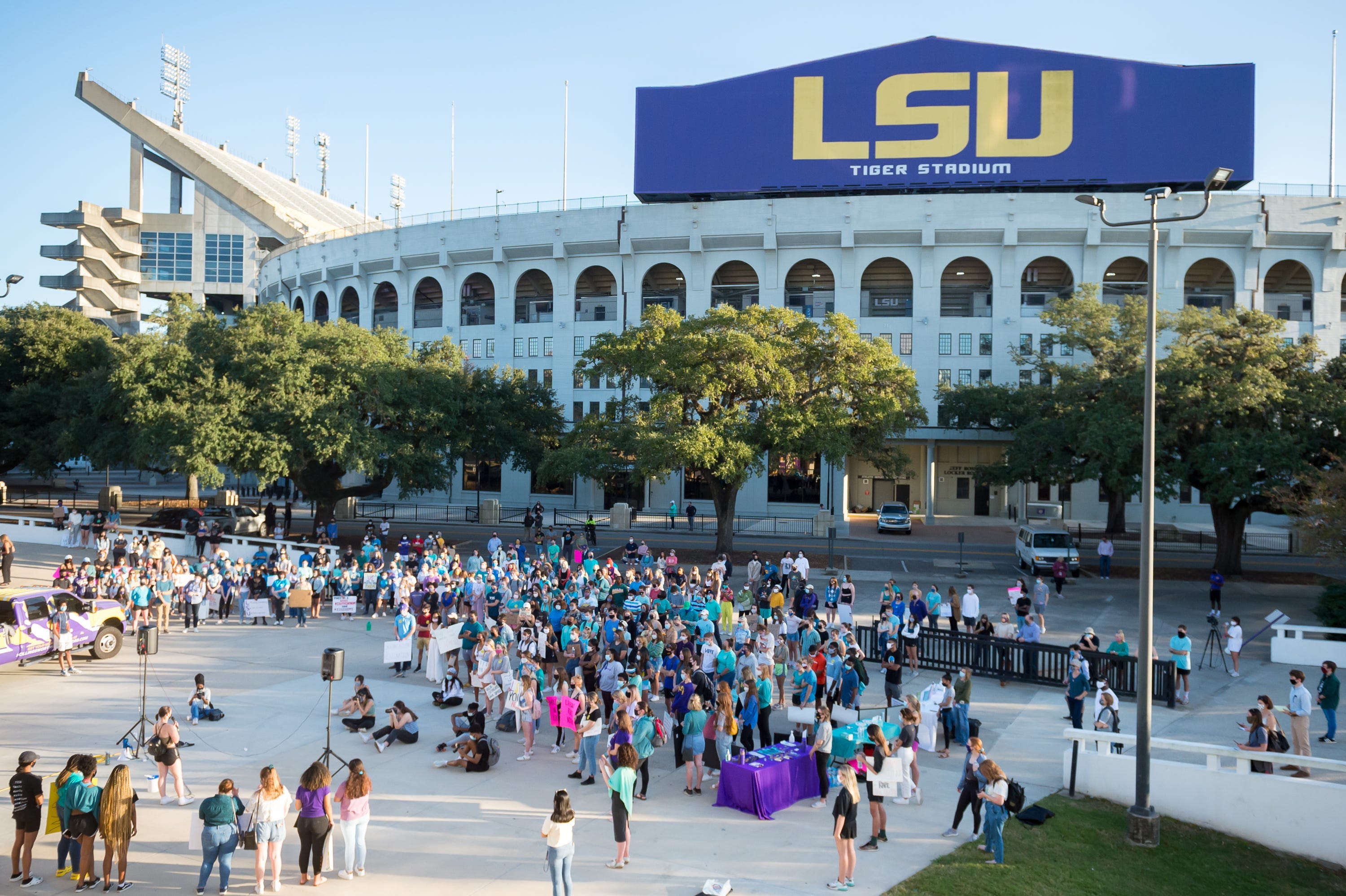 Protesters gather and march on LSU campus in reaction to the way school officials mishandled sexual misconduct allegations against students, including top athletes. November 20, 2020.