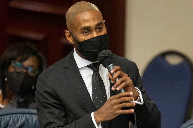 Rep. Travaris McCurdy speaks during debate on HB 1, known as the “anti-riot bill,” during a House session at the Florida Capitol in Tallahassee on Friday.