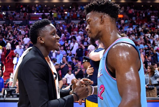 Victor Oladipo and Jimmy Butler are now teammates in Miami.