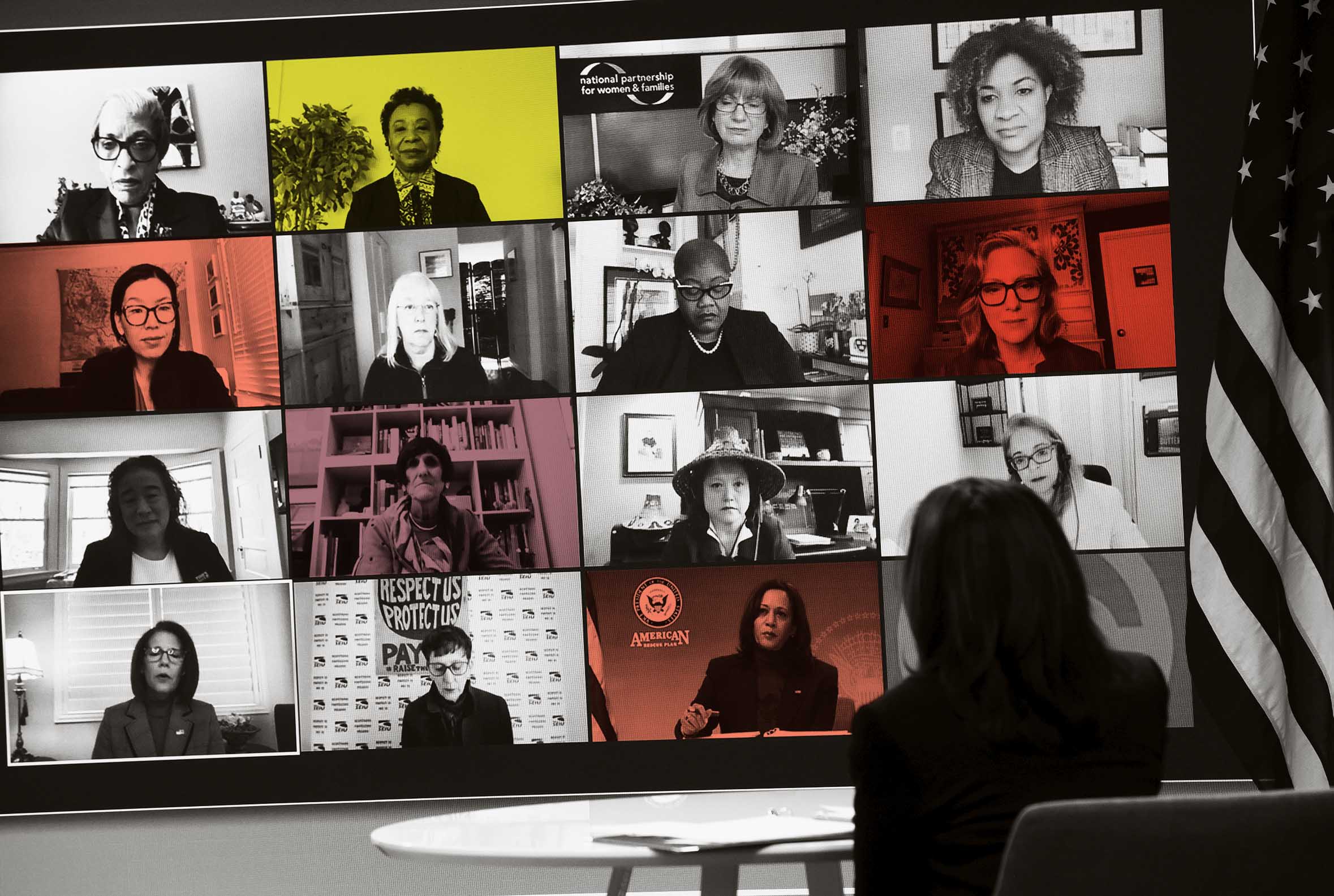 Vice President Kamala Harris listens during a virtual roundtable discussion Feb. 18, 2021, with female leaders in both Congress and advocacy organizations on “the critical importance of passing the American Rescue Plan,” particularly for women.