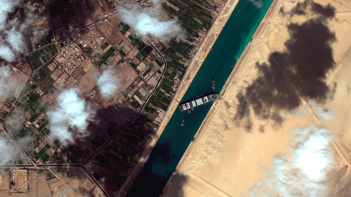 March 27, 2021: This satellite image from Maxar Technologies shows the cargo ship MV Ever Given stuck in the Suez Canal near Suez, Egypt.
