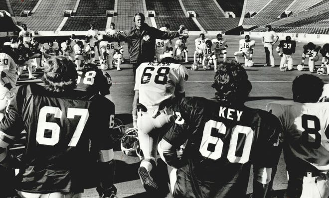 University of Oklahoma football players surround Barry Switzer during the beginning of spring practice 40 years ago on Owen Field in Norman. Among the players in the photo is Don Key, who was a three-year starter for the Sooners until cancer surgery ended his football career in 1981. Switzer established the Don Key Award in 1982, which is given to a player each year who best exemplifies Key's qualities. This photo was published on April 1, 1981, in the Oklahoma City Times. OU's spring football game will be held on April 24 this year.