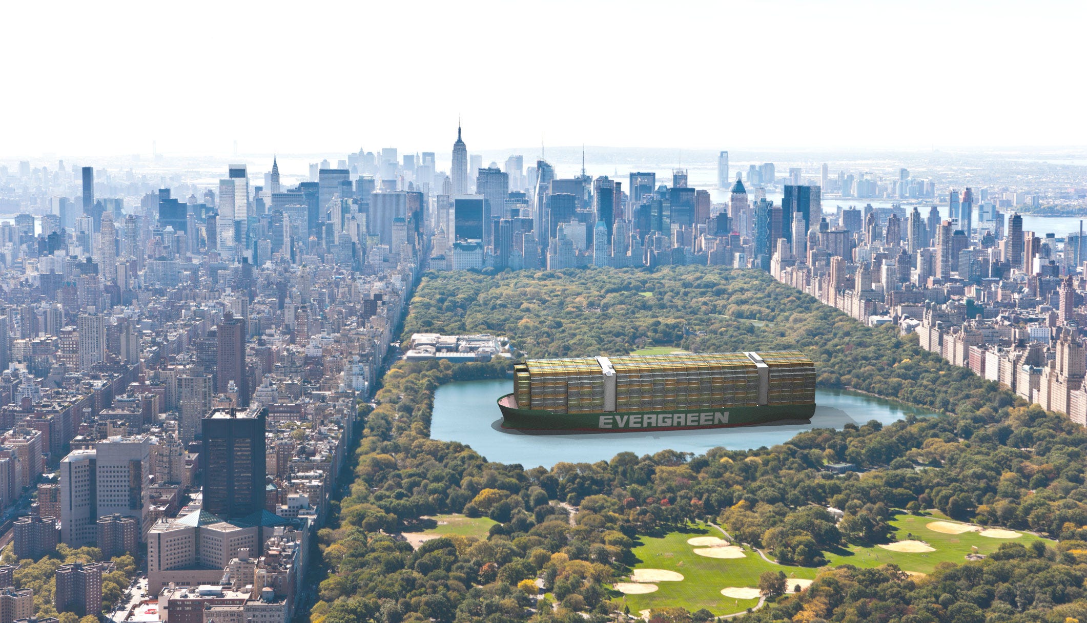 A composited 3D illustration shows how the Ever Given would look in Central Park.