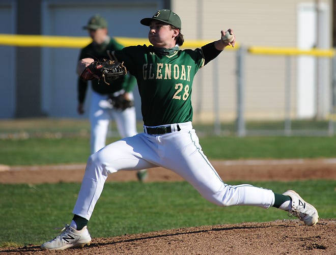 GlenOak's Luke Senften pitches in a game against the Aviators at Alliance High School Monday, March 29, 2021.