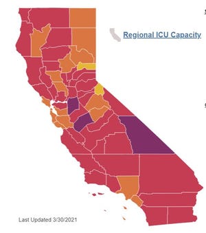 Here is where California's 58 counties stand as of Tuesday (March 30, 2021) in the state's Blueprint for a Safer Economy. Each colored tier represents a different level of COVID-19 outbreak. Purple represents counties with the most widespread levels of outbreak and yellow the least.