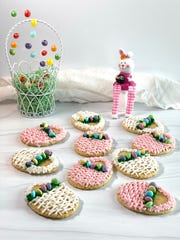 Sugar cookies are the base for decorated Easter Basket Cookies.