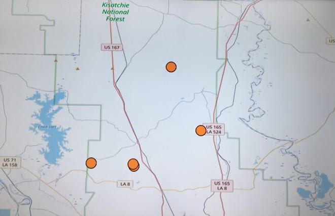 A map shows the location of five woods fires in Grant Parish that officials say are arson. The Grant Parish Sheriff's Office has set up a webpage for anonymous tips in the search for those responsible.