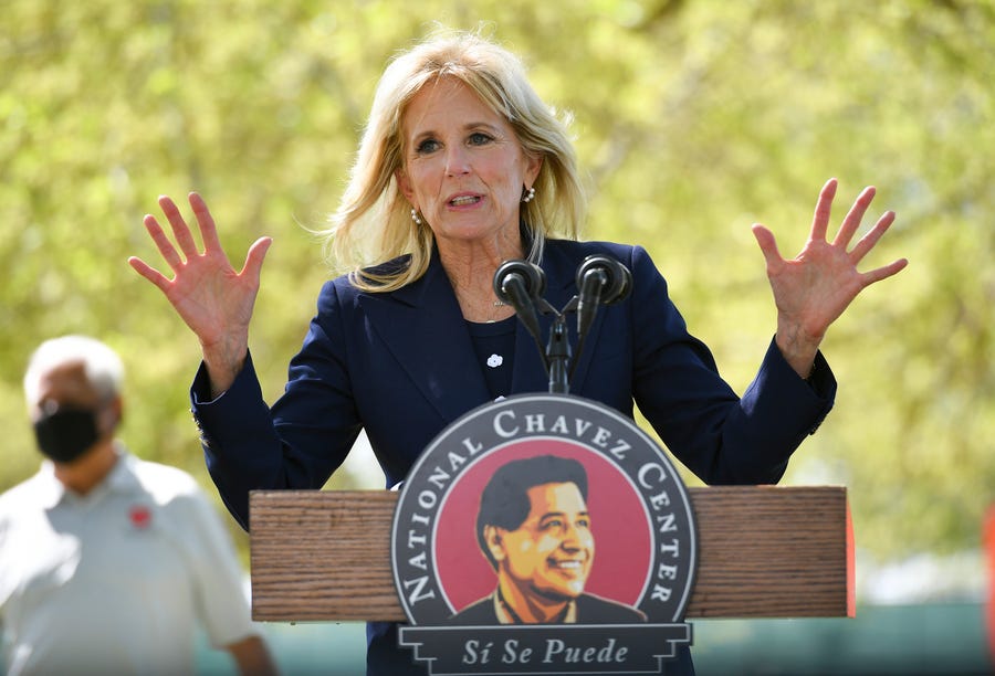 First lady Jill Biden speaks during a visit at The Forty Acres, the first headquarters of the United Farm Workers labor union, in Delano, Calif., Wednesday, March 31, 2021. (Mandel Ngan/Pool via AP)