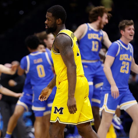 Chaundee Brown of the Michigan Wolverines reacts a