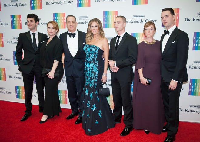 A 2014 picture of Tom Hanks and his family. From left, Truman Hanks, Elizabeth Hanks, Tom Hanks, Rita Wilson, Chet Hanks, Samantha Bryant, and Colin Hanks on the red carpet at the State Department Dinner for the Kennedy Center Honors, Dec. 6, 2014.