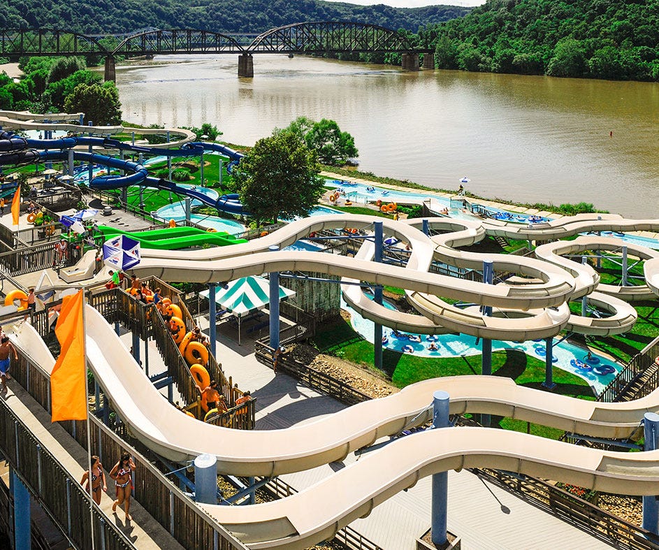 Sandcastle Waterpark in West Homestead offers waterslides and a wave pool, with a view of the Monongahela River.