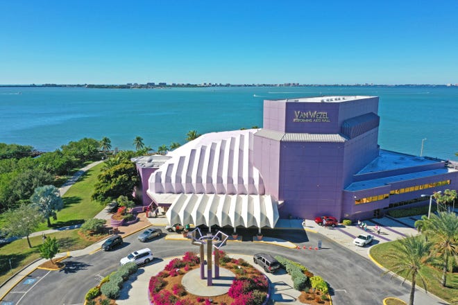 An aerial view of the iconic Van Wezel Performing Arts Hall in downtown Sarasota.