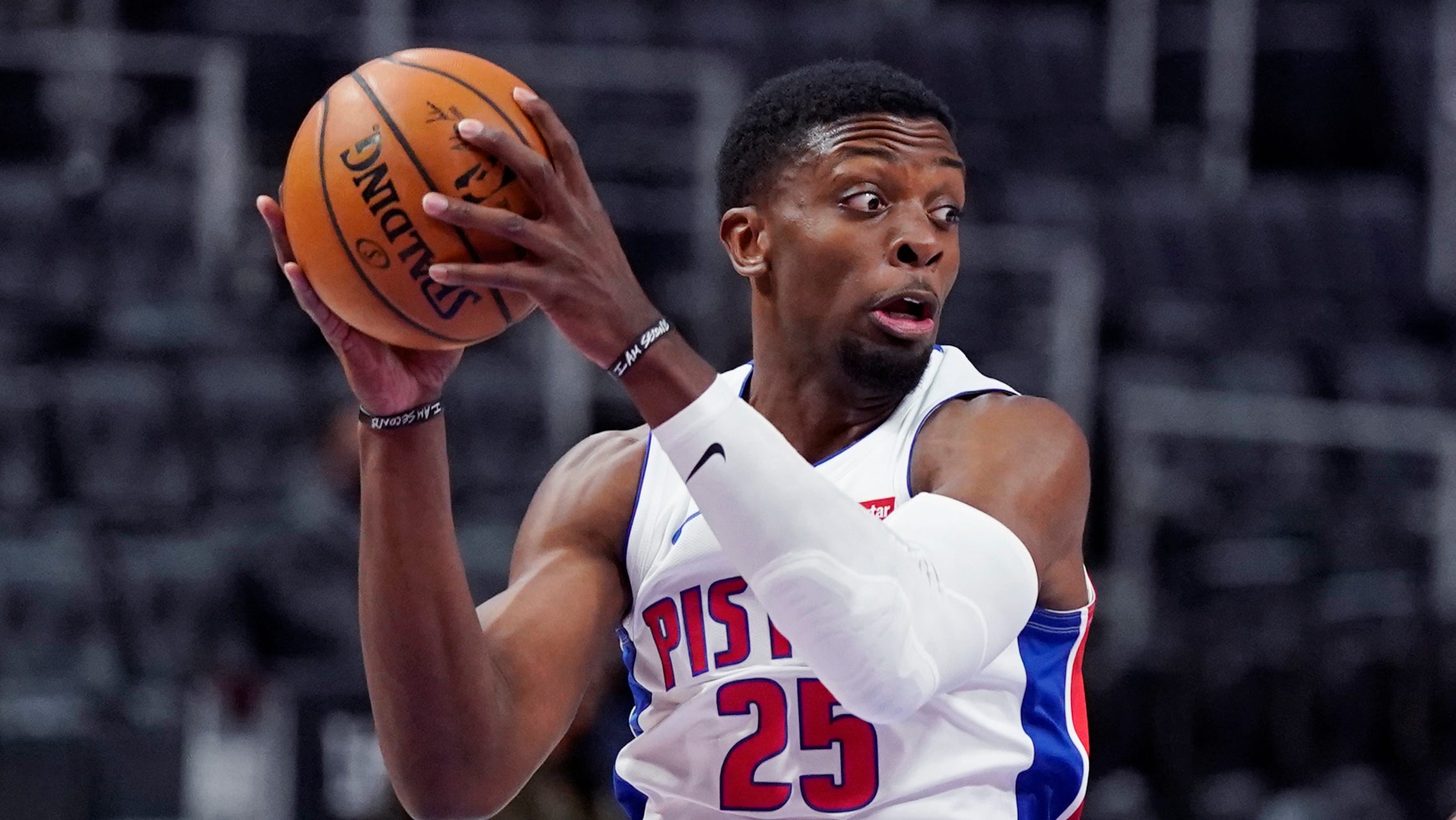 Detroit Pistons forward Tyler Cook looks to pass during the second half of an NBA basketball game against the Portland Trail Blazers, Wednesday, March 31, 2021, in Detroit.