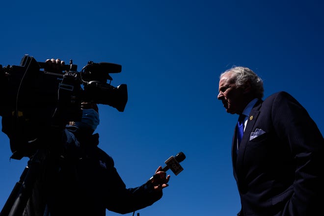 Gov. Henry McMaster speaks with the press during a press conference announcing the groundbreaking for DC BLOX's new data center in Greenville Thursday, April 1, 2021.