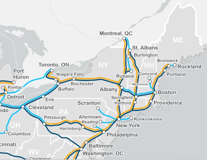 Amtrak released a map Wednesday, March 31, 2021, that shows where it could expand service if it gets $80 billion in federal aid.  The dark blue lines show Amtrak's National Network. The light blue shows where there would be new service. Yellow show expanded service.