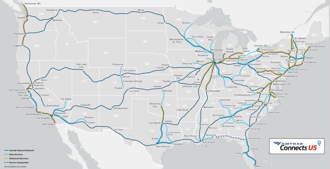 Amtrak released a map, March 31, 2021, that shows where it could expand service if it gets $80 billion in federal aid. The dark blue lines show Amtrak's National Network. The light blue shows where there would be new service. Yellow shows possible expanded service.